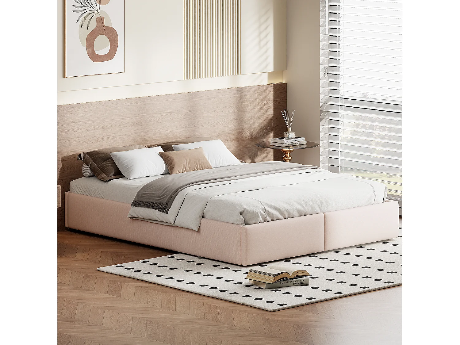 140x200cm opbergbed in linnen stof met 2 lades - lattenbodem - zonder hoofdbord - Beige