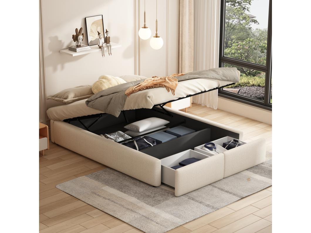 140x200cm opbergbed in linnen stof met 2 lades - lattenbodem - zonder hoofdbord - Beige