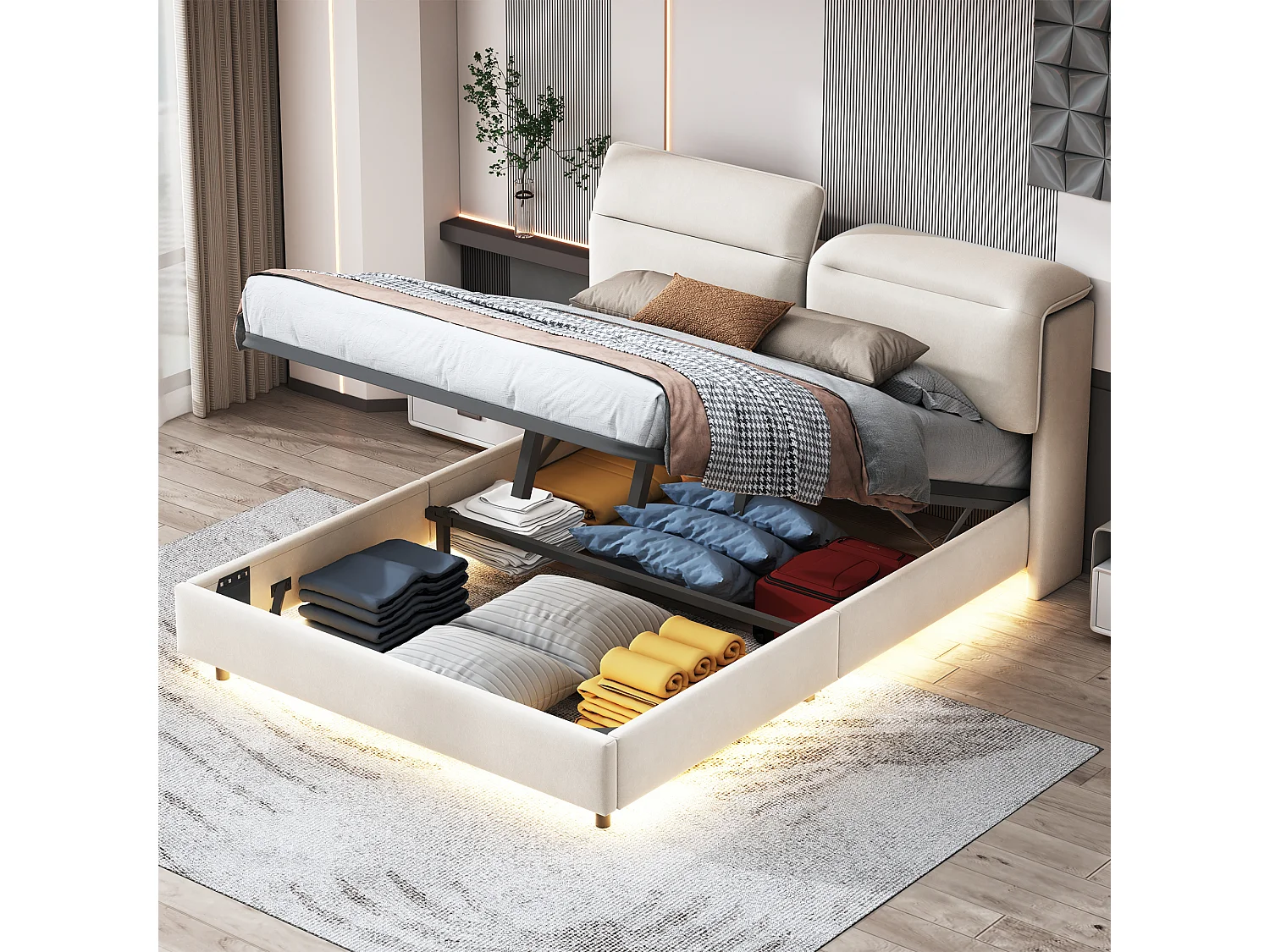 Cama con canapé de 160x200 cm en tejido de terciopelo - con cabecero abatible y somier de láminas - Beige