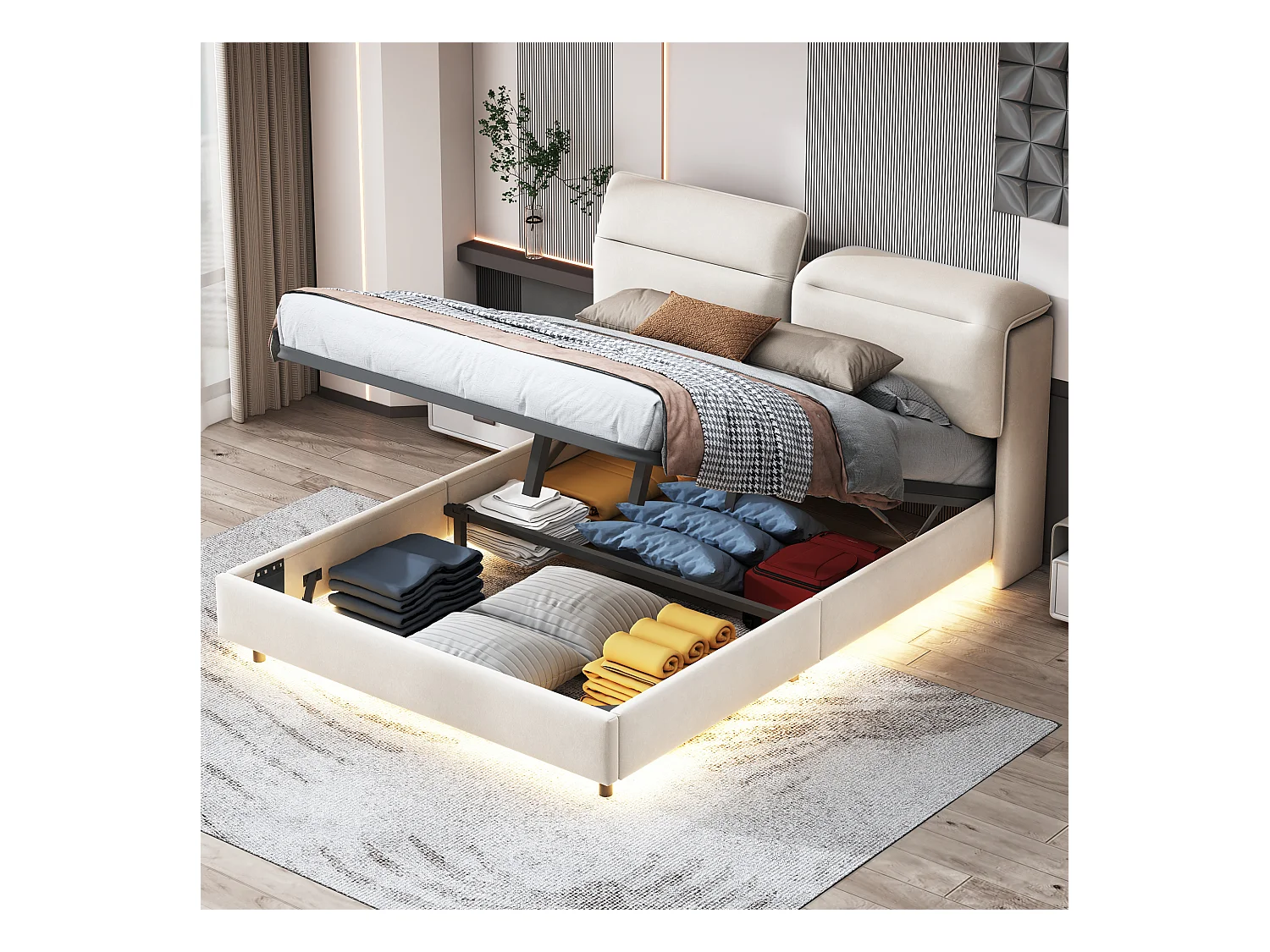 Lit coffre 160x200cm en tissu velous - avec tête de lit pliante et sommier à lattes - Beige
