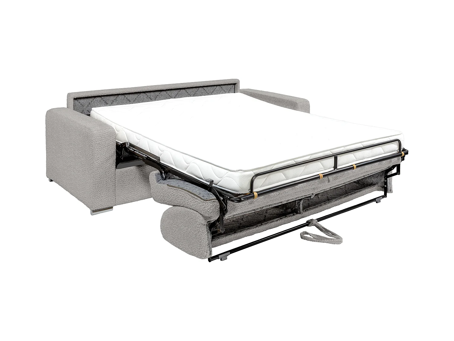 Canapé 3 places convertible express en tissu bouclette gris clair - Couchage lattes larges 140 cm - Matelas 14 cm CALITO