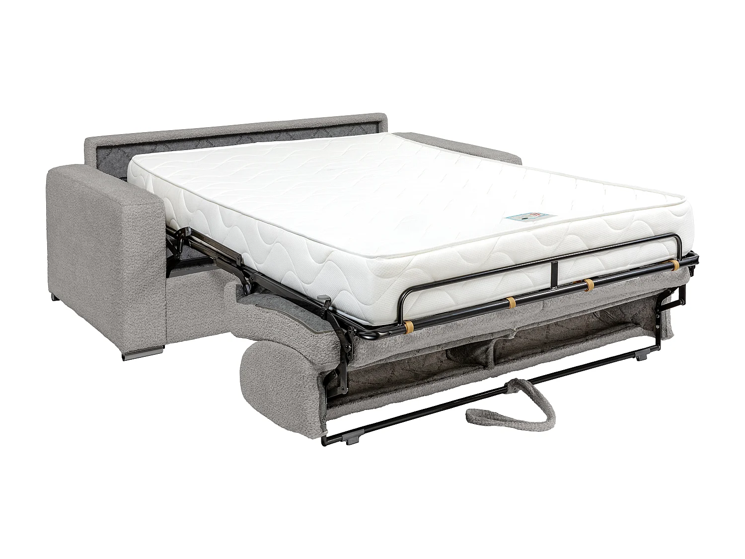 Canapé 3 places convertible express en tissu bouclette gris clair - Couchage lattes larges 140 cm - Matelas 22 cm avec mémoire de forme CALITO