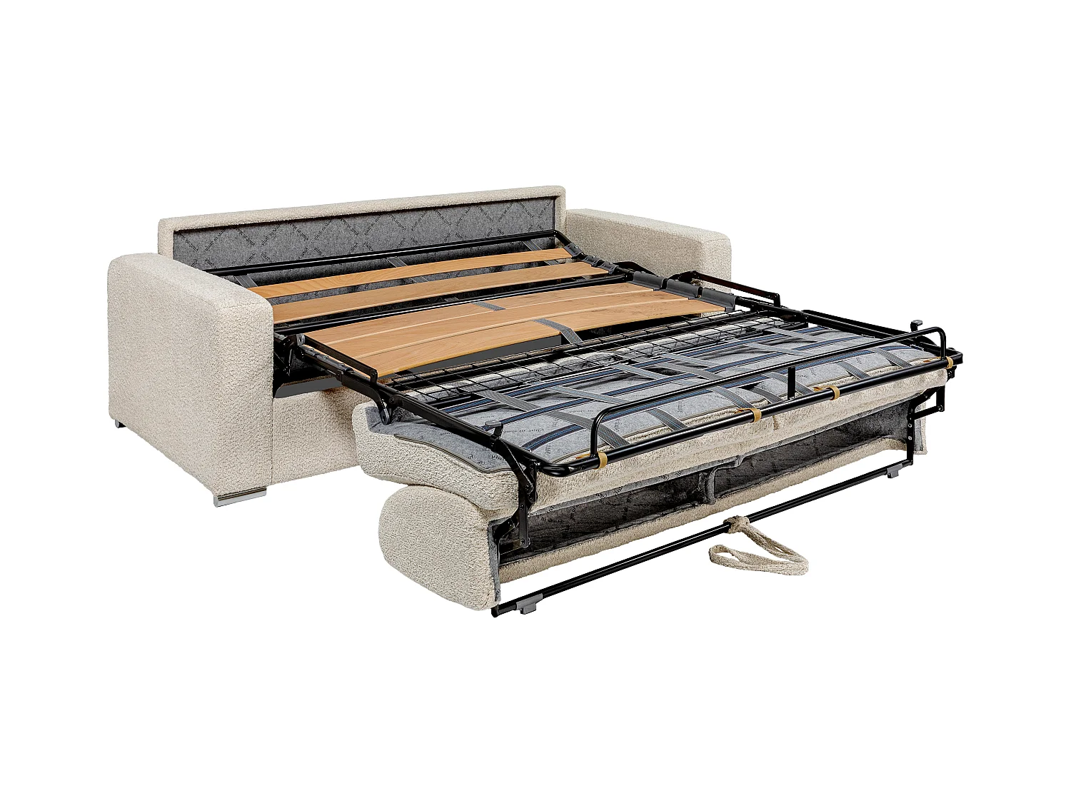 Canapé 3 places convertible express en tissu bouclette beige - Couchage lattes larges 140 cm - Matelas 14 cm CALITO