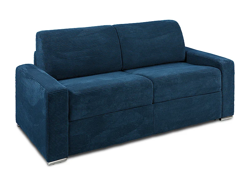 Express-driezitsslaapbank van blauw ribfluweel - Bed met brede latten 140 cm - Matras 14 cm CALITO