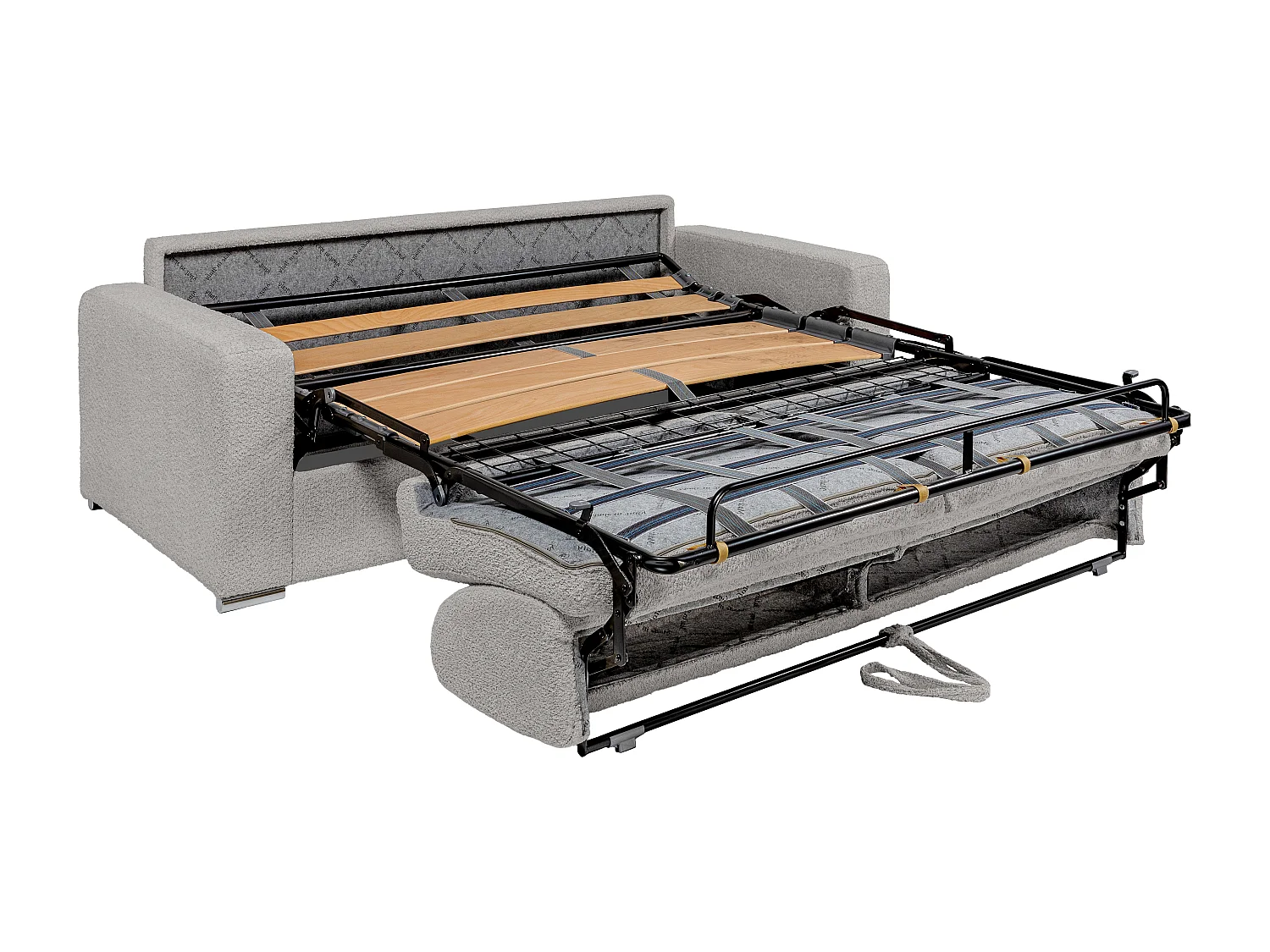 Canapé 4 places convertible express en tissu bouclette gris clair - Couchage lattes larges 160 cm - Matelas 18 cm CALITO
