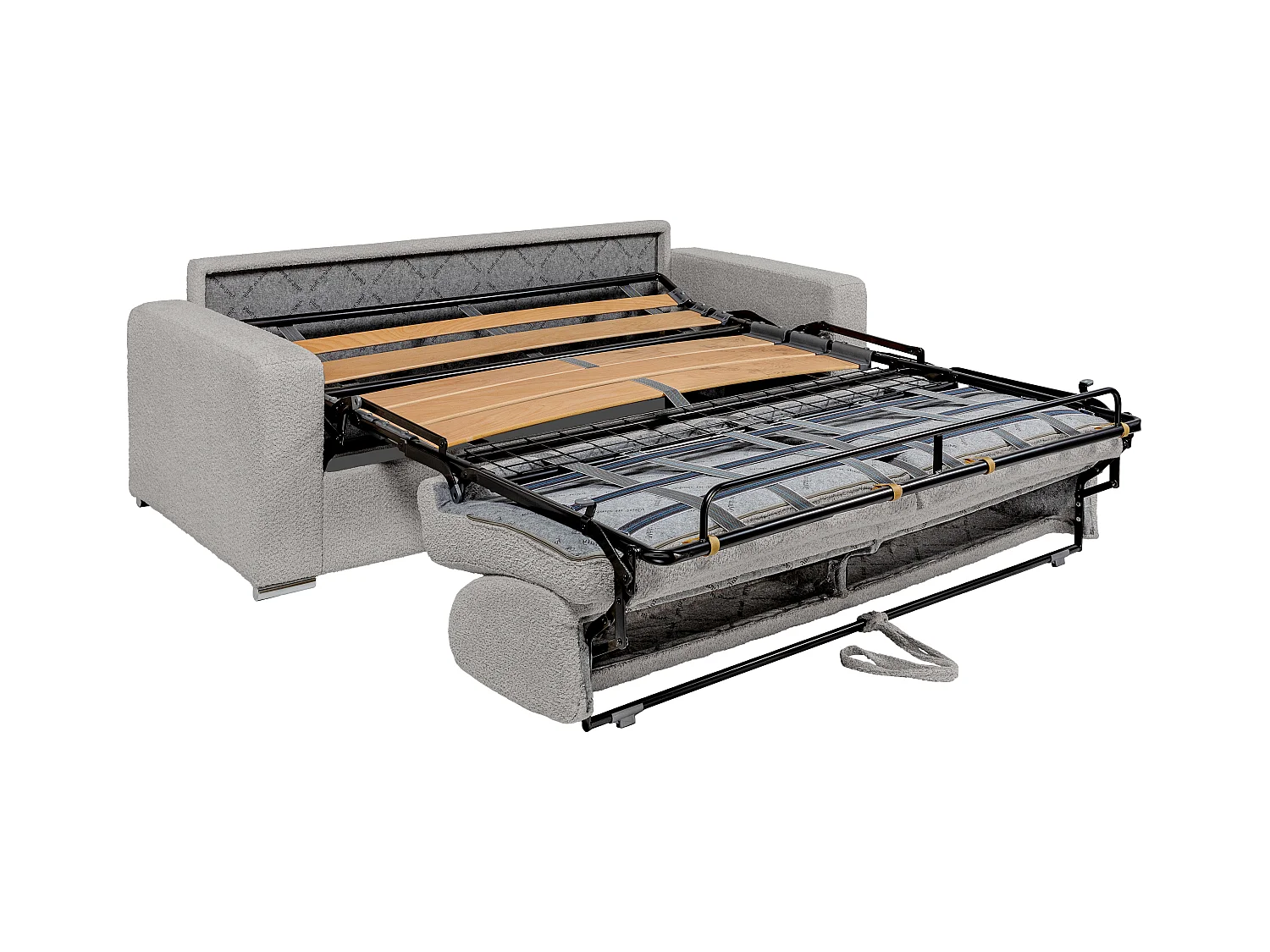 Canapé 4 places convertible express en tissu bouclette gris clair - Couchage lattes larges 160 cm - Matelas 22 cm avec mémoire de forme CALITO