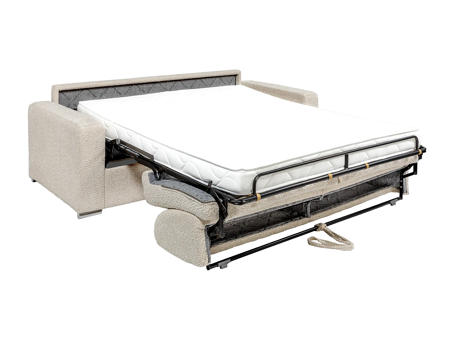 Canapé 4 places convertible express en tissu bouclette beige - Couchage lattes larges 160 cm - Matelas 14 cm CALITO