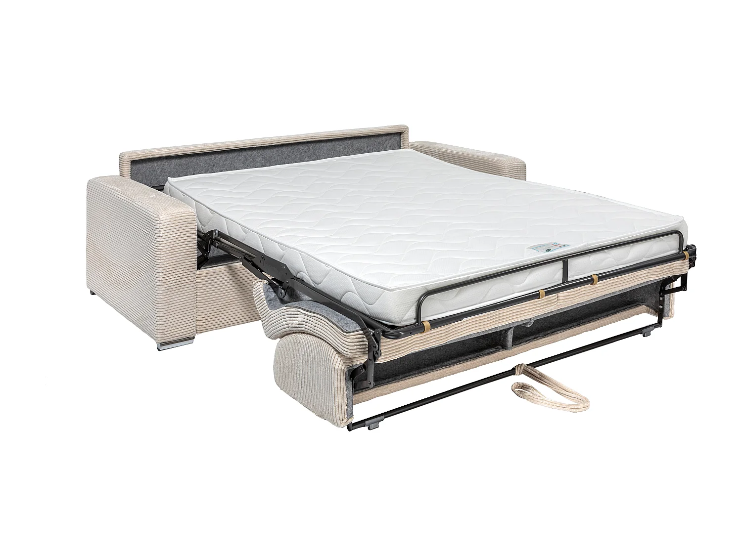 Express-vierzitsslaapbank van beige ribfluweel - Bed met brede latten 160 cm - Matras 14 cm CALITO