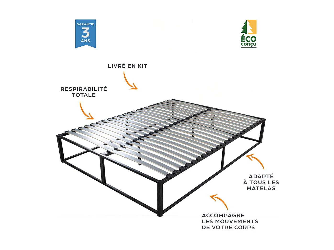Sommier démontable surélevé KIT27 - 160x200 bois - Gain de place - Solide en métal