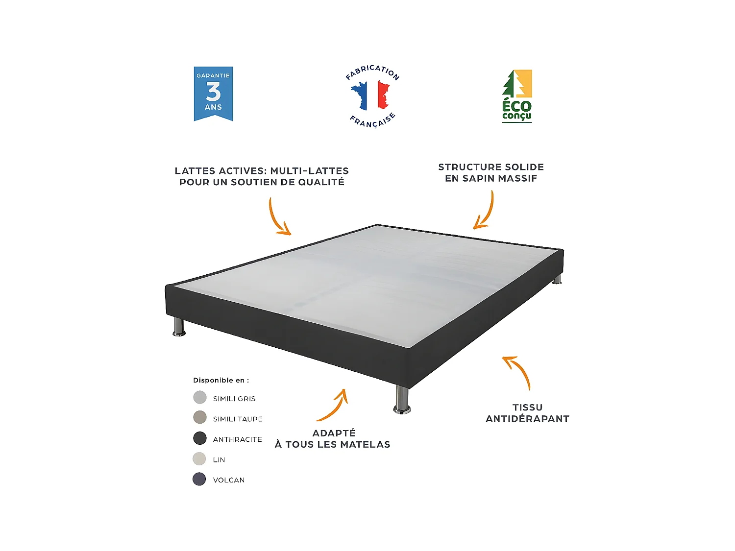 Sommier tapissier+pieds Omega Sahara 2x80x200 Lattes bois - H.15 cm - Made in France