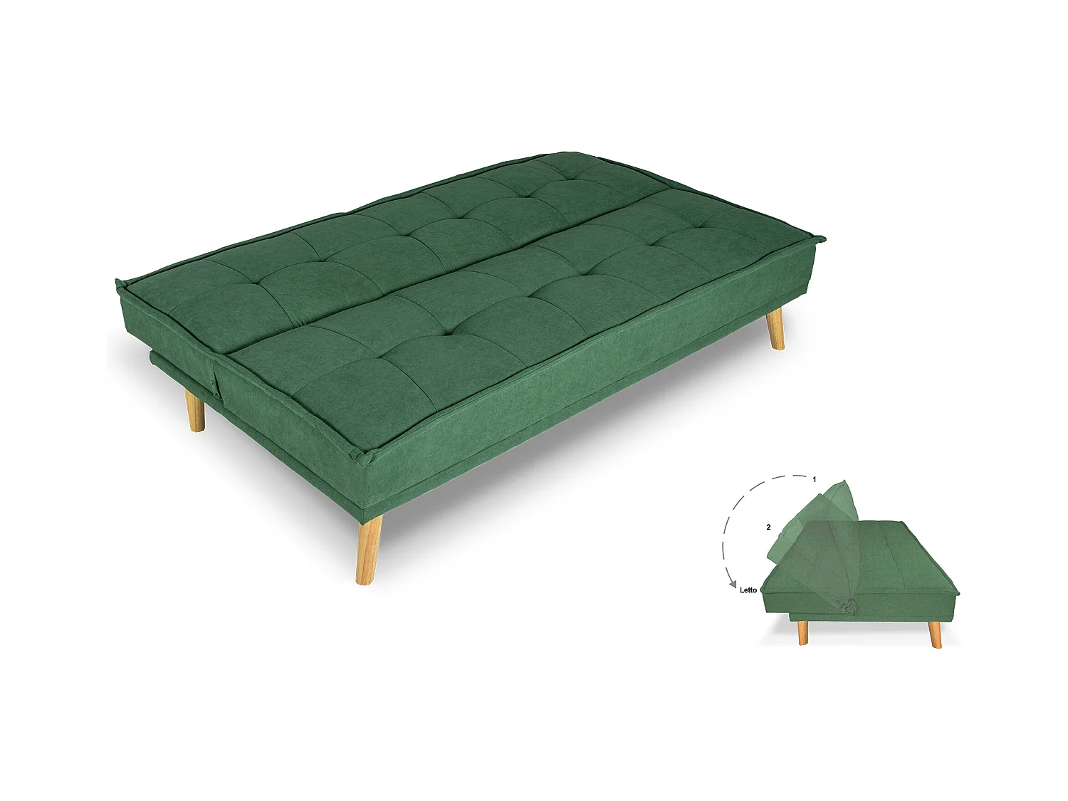 Divano letto clic clac in tessuto vellutato verde abete, divano 3 posti mod. Bart