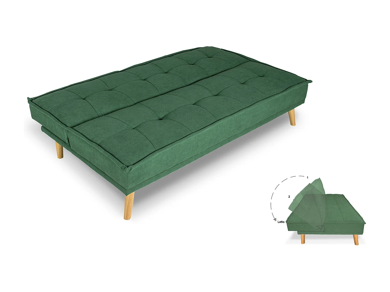 Divano letto clic clac in tessuto vellutato verde abete, divano 3 posti mod. Bart