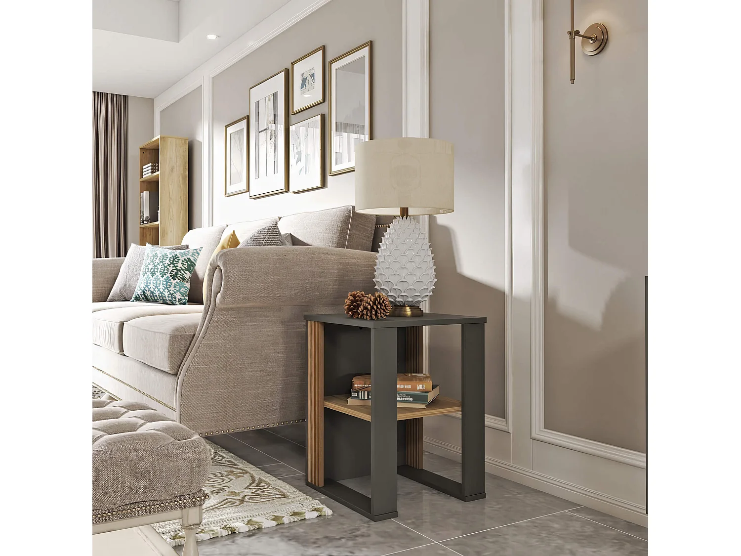 Tavolino Fianco Divano Neem 60x45x45 Truciolato Marrone Scuro Grigio Scuro Moderno