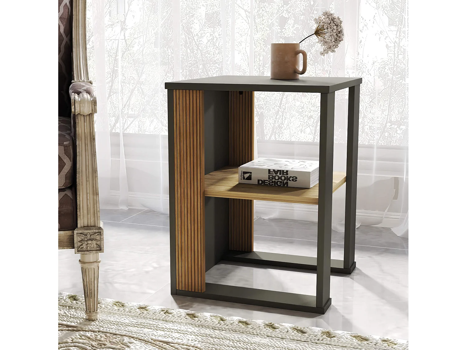 Tavolino Fianco Divano Neem 60x45x45 Truciolato Marrone Scuro Grigio Scuro Moderno