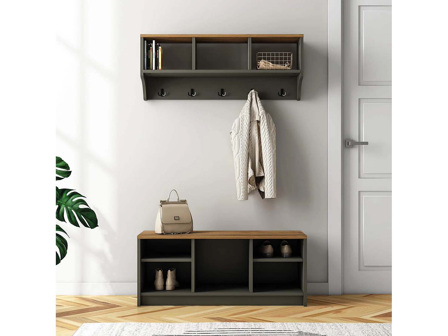 Sapateira e Cabideiro Saegi 42x100x35 Aglomerado Aço Cinza Escuro Marrom Escuro Moderno CONJUNTO 2 peças