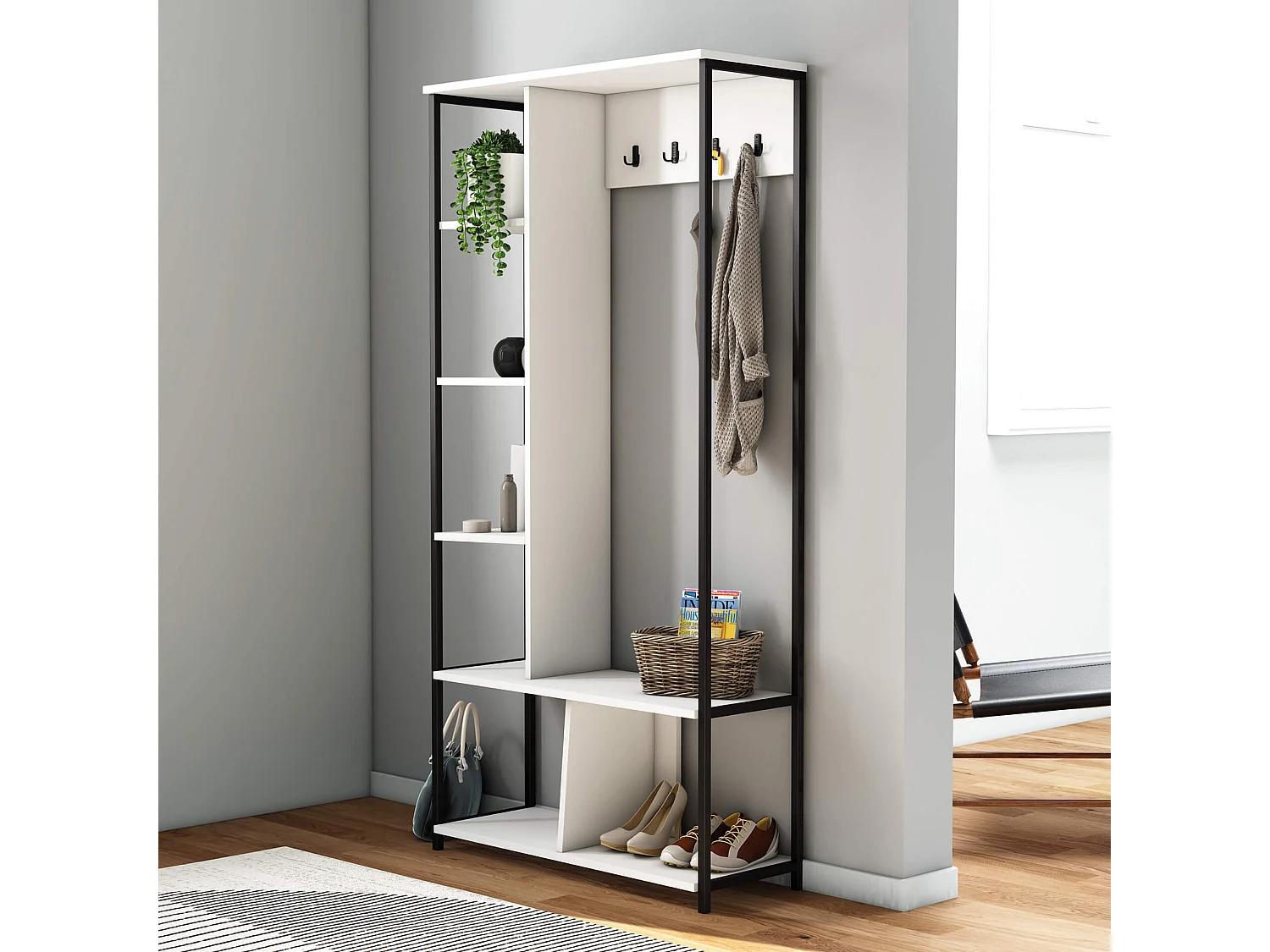 Guardaroba da Ingresso Caigua 182x90x35 Truciolato Acciaio Bianco Grigio Scuro Moderno