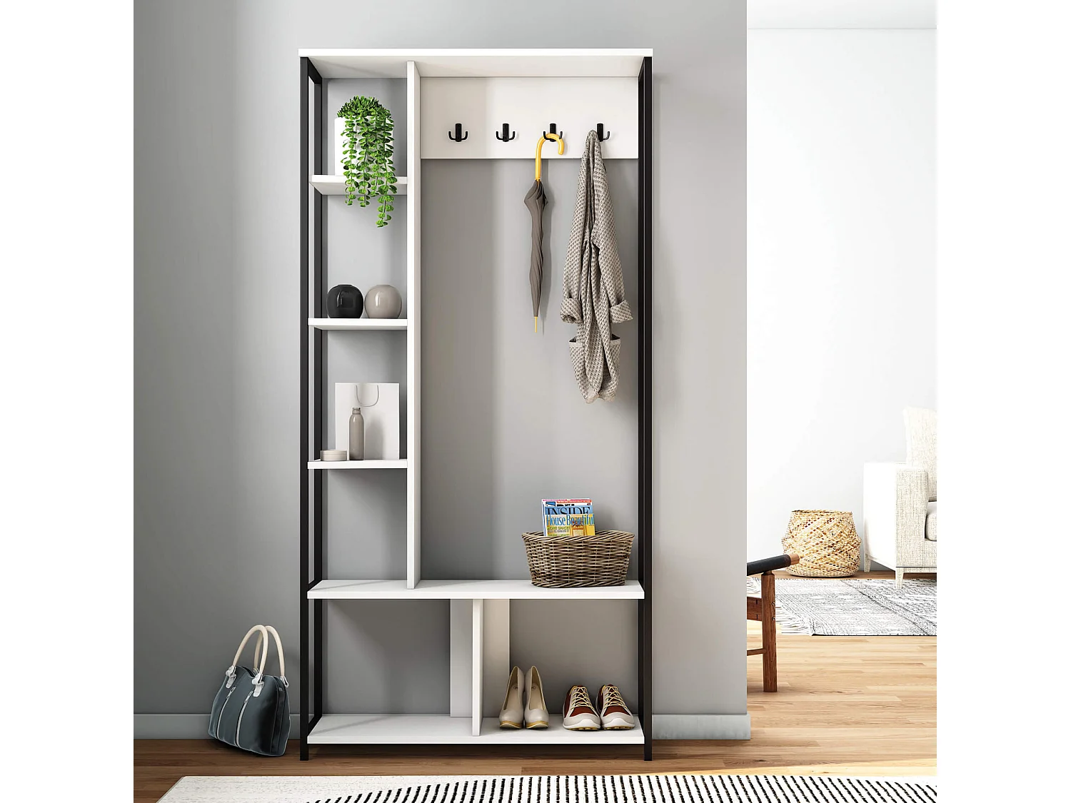 Guarda-Roupa de Entrada Rebecca Mobili Caigua 182x90x35 Aglomerado Aço Branco Cinza Escuro Moderno