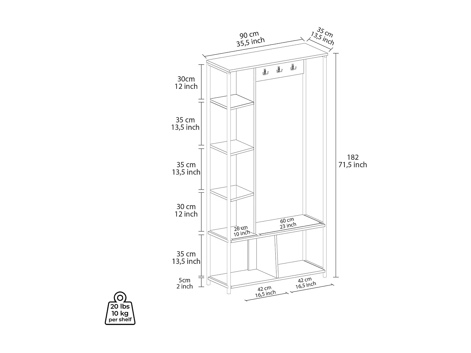 Guarda-Roupa de Entrada Rebecca Mobili Caigua 182x90x35 Aglomerado Aço Branco Cinza Escuro Moderno
