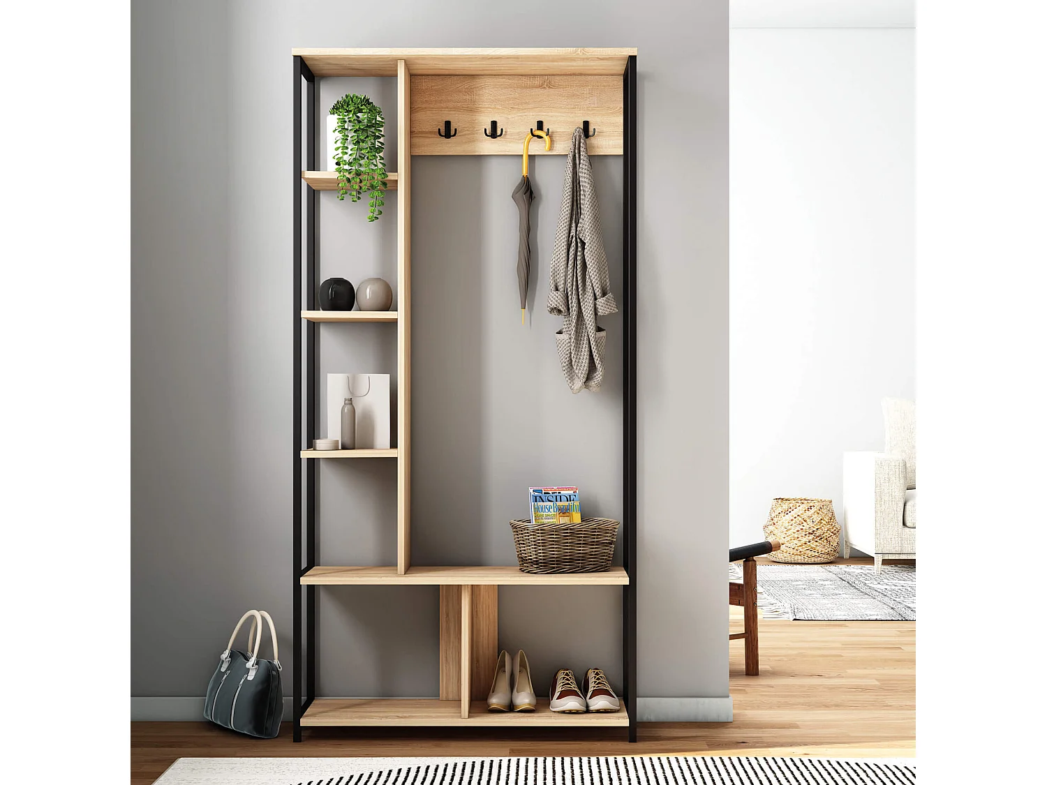 Garde-Robe d'Entrée Olearia 182x90x35 Panneau de particules Acier Marron Clair Gris Foncé Moderne