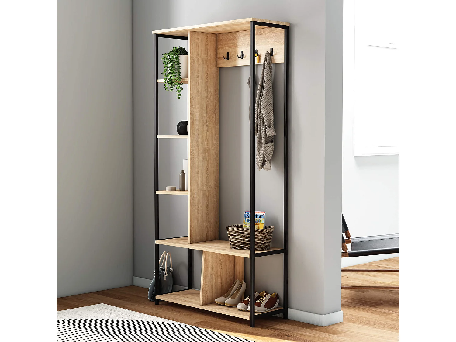 Garde-Robe d'Entrée Olearia 182x90x35 Panneau de particules Acier Marron Clair Gris Foncé Moderne