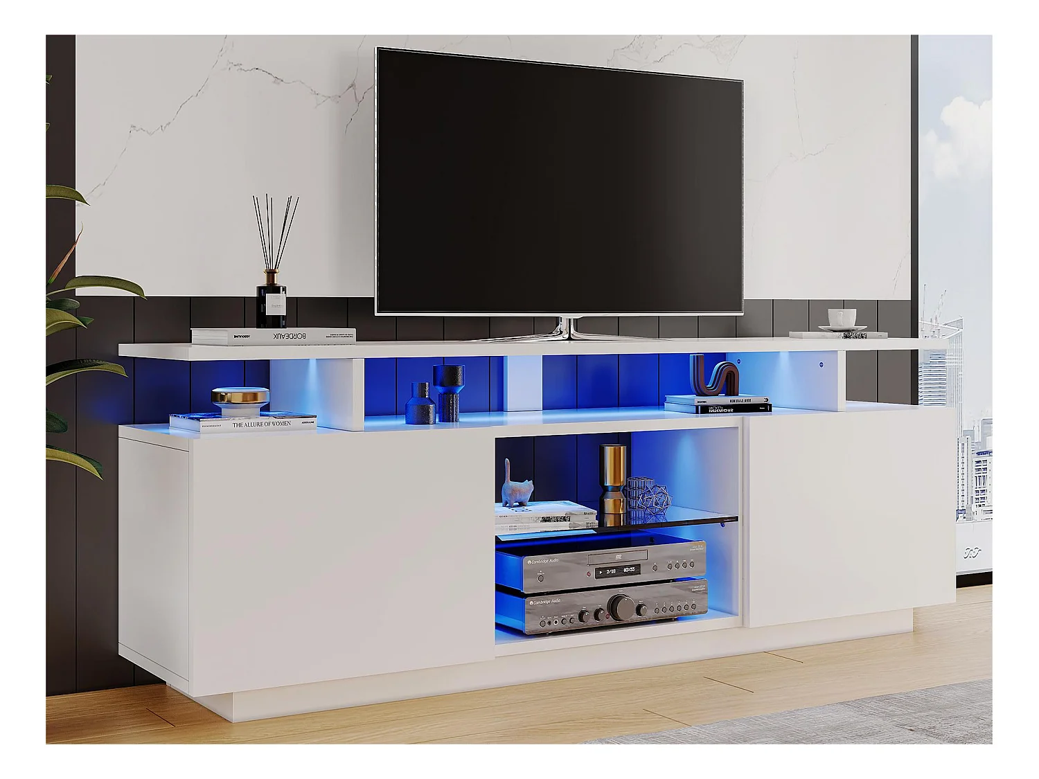 Meuble TV moderne 140cm avec LED pour TV 60" - 2 portes et 2 compartiments en verre - Blanc