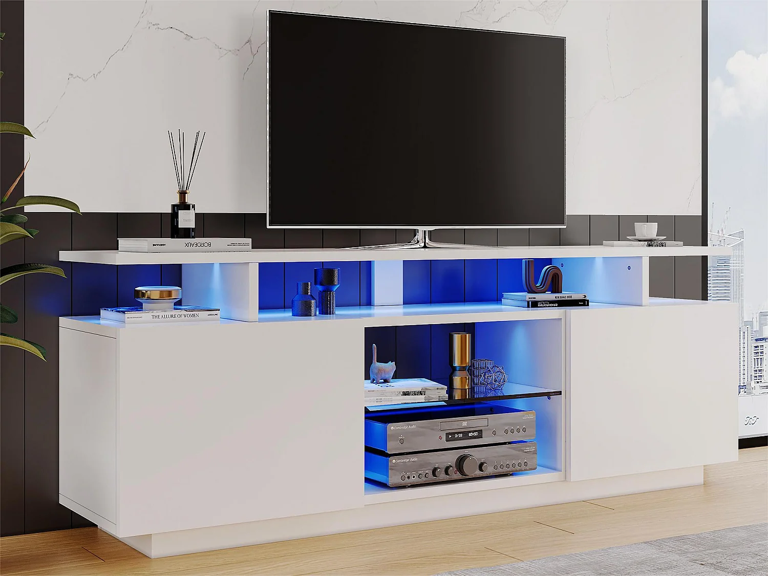 Meuble TV moderne 140cm avec LED pour TV 60" - 2 portes et 2 compartiments en verre - Blanc