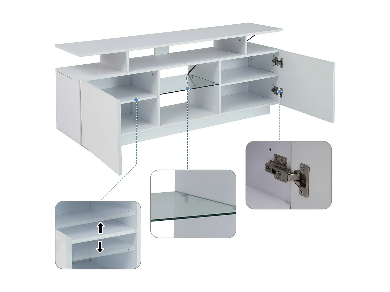 Meuble TV moderne 140cm avec LED pour TV 60" - 2 portes et 2 compartiments en verre - Blanc