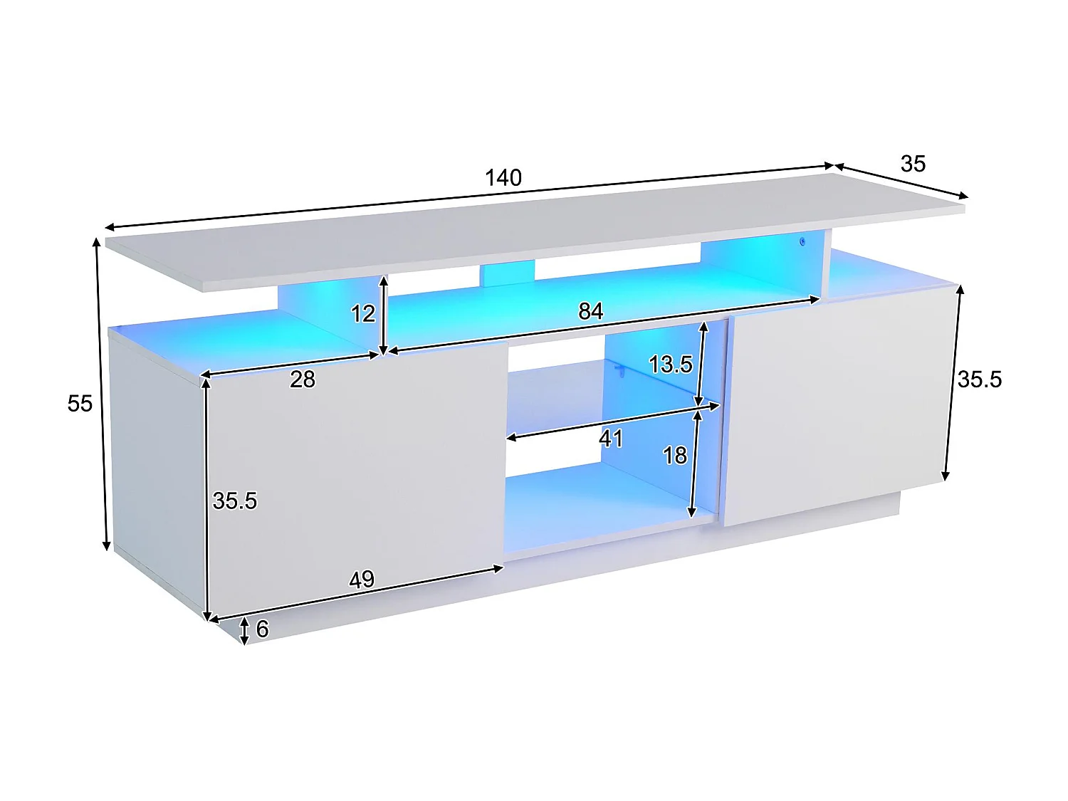 Meuble TV moderne 140cm avec LED pour TV 60" - 2 portes et 2 compartiments en verre - Blanc