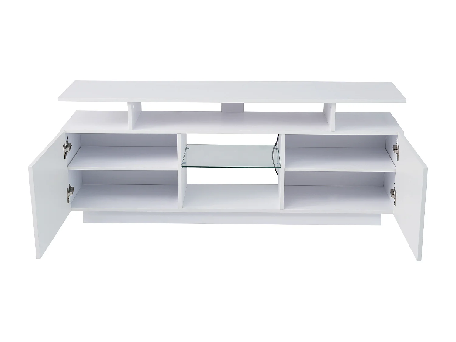 Meuble TV moderne 140cm avec LED pour TV 60" - 2 portes et 2 compartiments en verre - Blanc