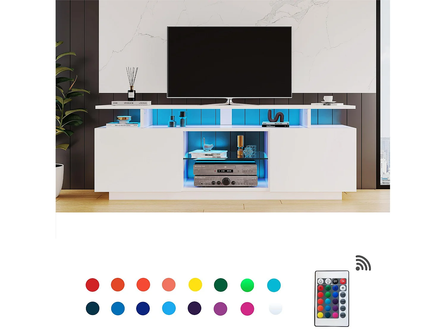 Meuble TV moderne 140cm avec LED pour TV 60" - 2 portes et 2 compartiments en verre - Blanc