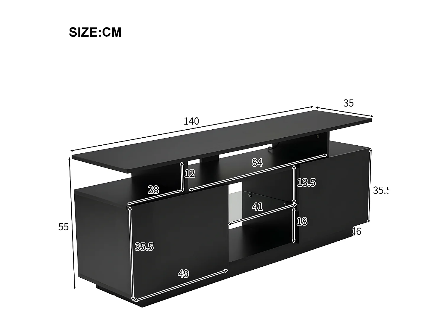 TV-meubel 140 cm met LED-verlichting in 16 kleuren - met glazen wanden - Zwart