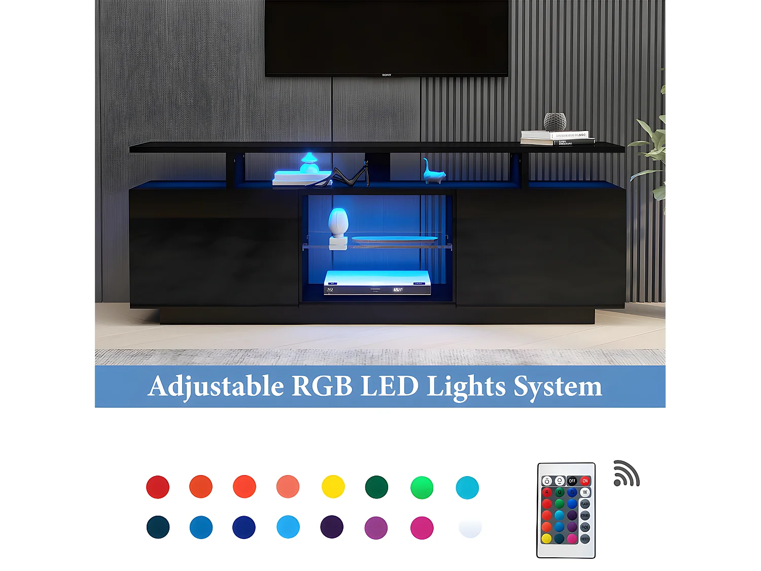 Meuble TV 140 cm avec éclairage LED en 16 couleurs - avec cloisons vitrées - Noir