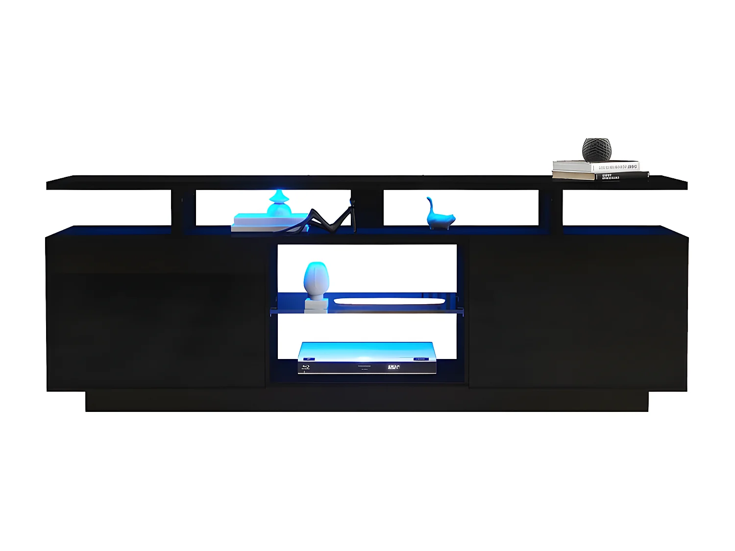 Meuble TV 140 cm avec éclairage LED en 16 couleurs - avec cloisons vitrées - Noir