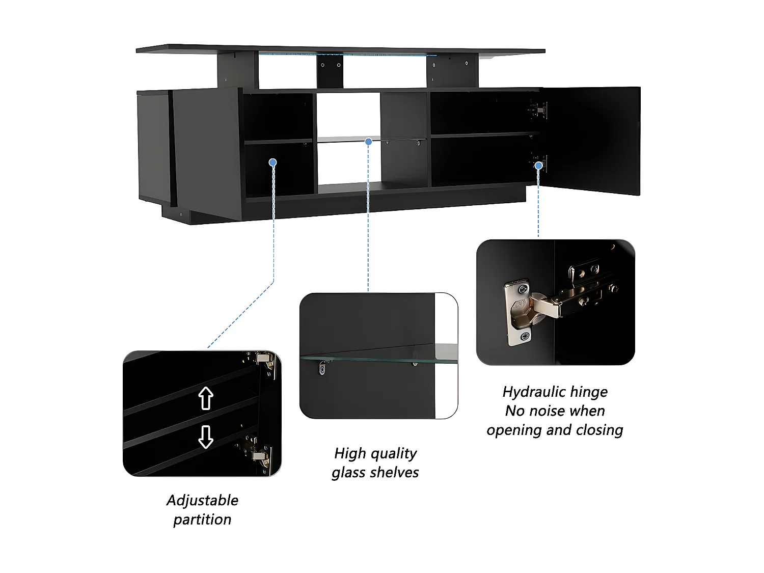 Meuble TV 140 cm avec éclairage LED en 16 couleurs - avec cloisons vitrées - Noir