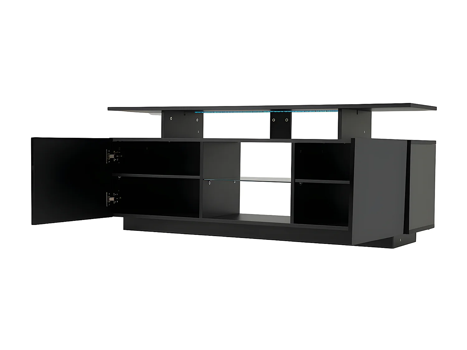 Meuble TV 140 cm avec éclairage LED en 16 couleurs - avec cloisons vitrées - Noir