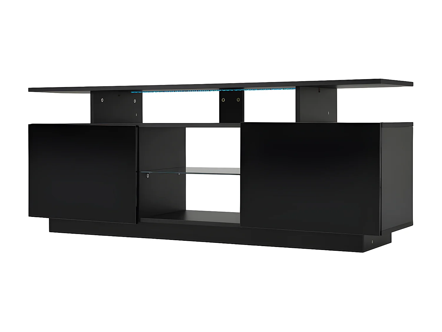 Meuble TV 140 cm avec éclairage LED en 16 couleurs - avec cloisons vitrées - Noir