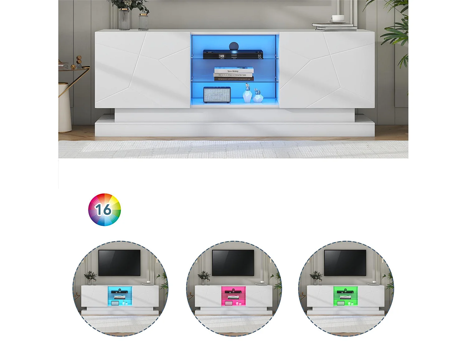 Modern TV-meubel met gekleurde LED - geschikt voor 70" TV - 2 deuren en 3 planken - Wit