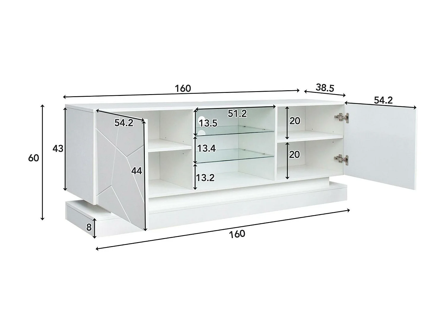 Modern TV-meubel met gekleurde LED - geschikt voor 70" TV - 2 deuren en 3 planken - Wit
