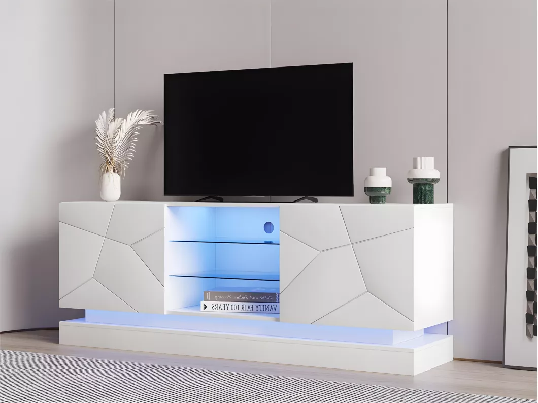 Kauf Unique Moderner TV-Schrank mit farbiger LED – geeignet für 70-Zoll-Fernseher – 2 Türen und 3 Einlegeböden – Weiß