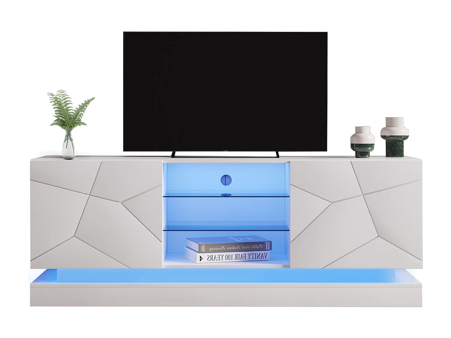 Mobile TV moderno con LED colorato - adatto per TV 70" - 2 ante e 3 ripiani - Bianco