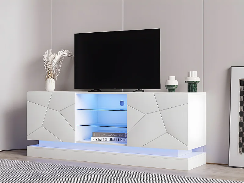 Modern TV-meubel met gekleurde LED - geschikt voor 70" TV - 2 deuren en 3 planken - Wit