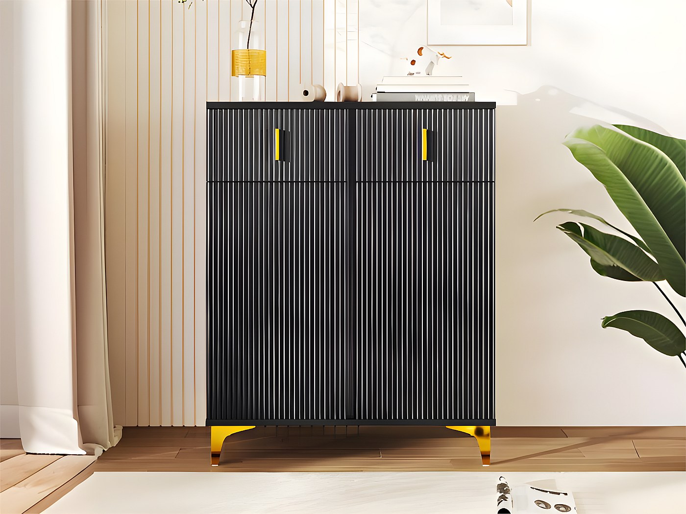 Buffet Design Noir Yaheetech, étagères Ajustables Et Portes Coulissantes