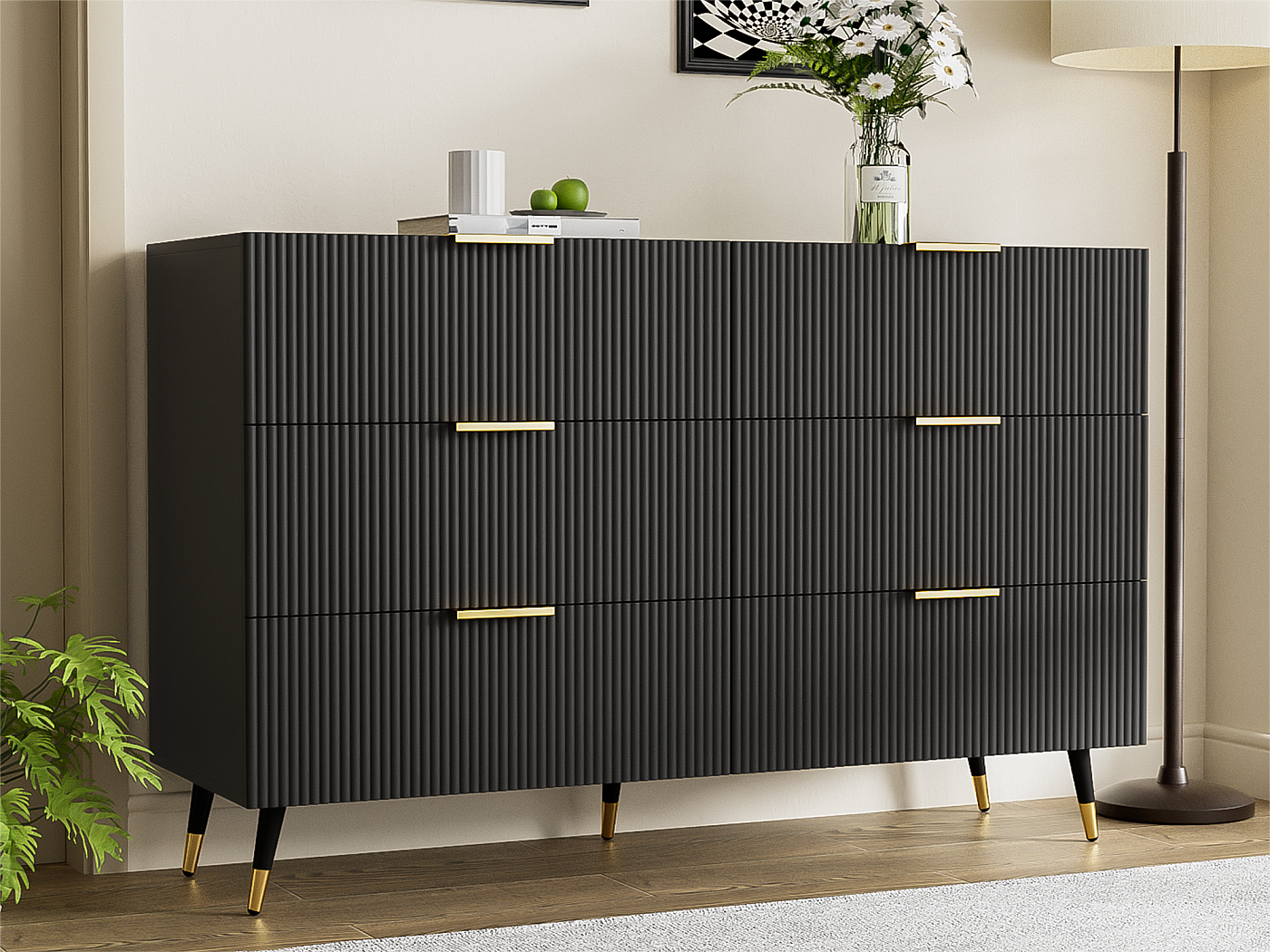 Cassettiera In Legno Con 6 Cassetti, Maniglie In Metallo, 120 X 40 X 76 Cm Marrone Scuro