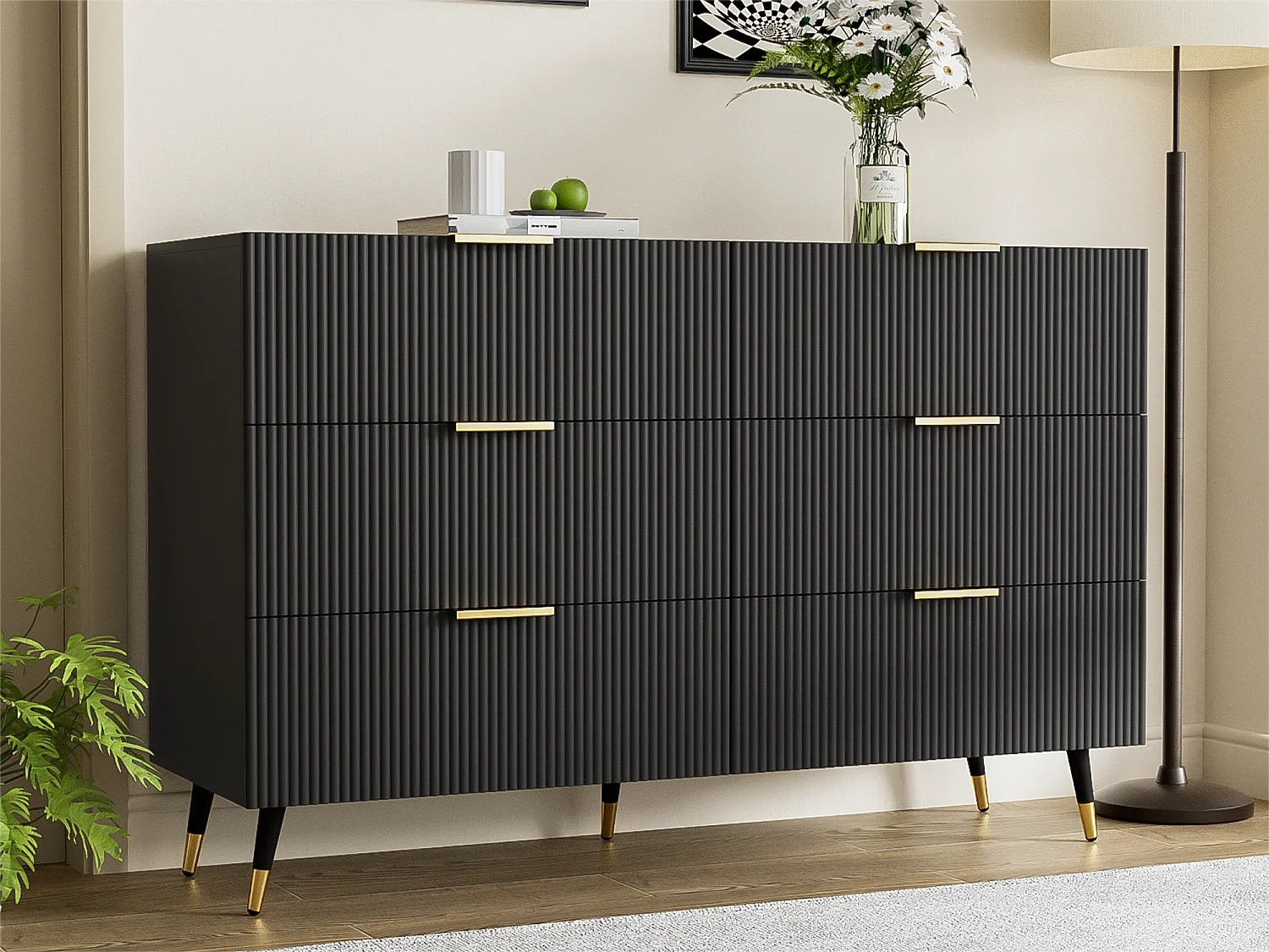 Credenza、Cassettiera moderna - 6 cassetti - pannelli di particelle - Nero