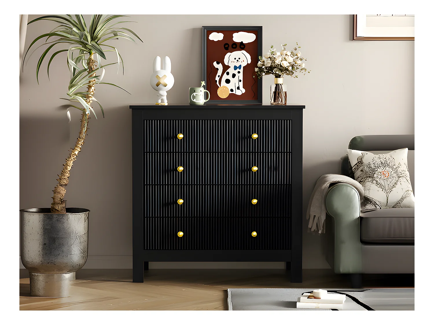 Buffet、Commode avec 4 tiroirs - en panneaux de particules - Noir