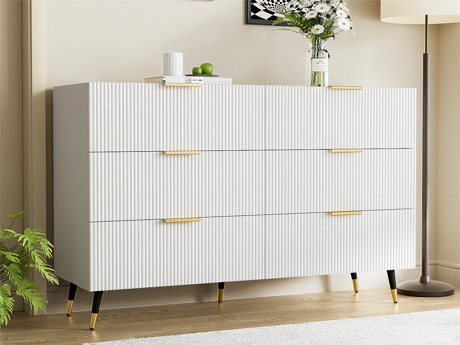 Sideboard, moderne Kommode – 6 Schubladen – Spanplatte – Weiß