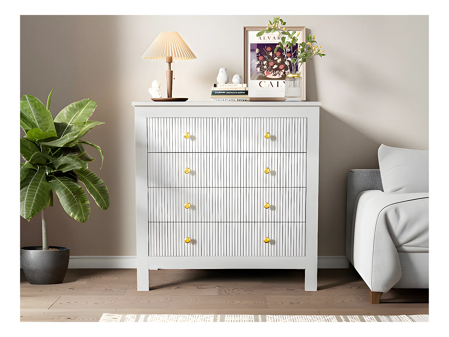 Buffet、Commode avec 4 tiroirs - en panneaux de particules - Blanc