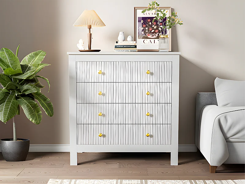 Credenza、Cassettiera con 4 cassetti - pannelli di particelle - Bianco