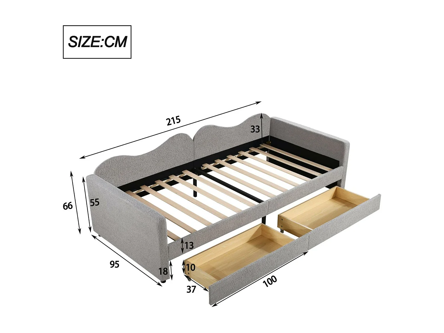 Dagbedbed 90x200cm met 2 lades - in netjes fluweel - Grijs