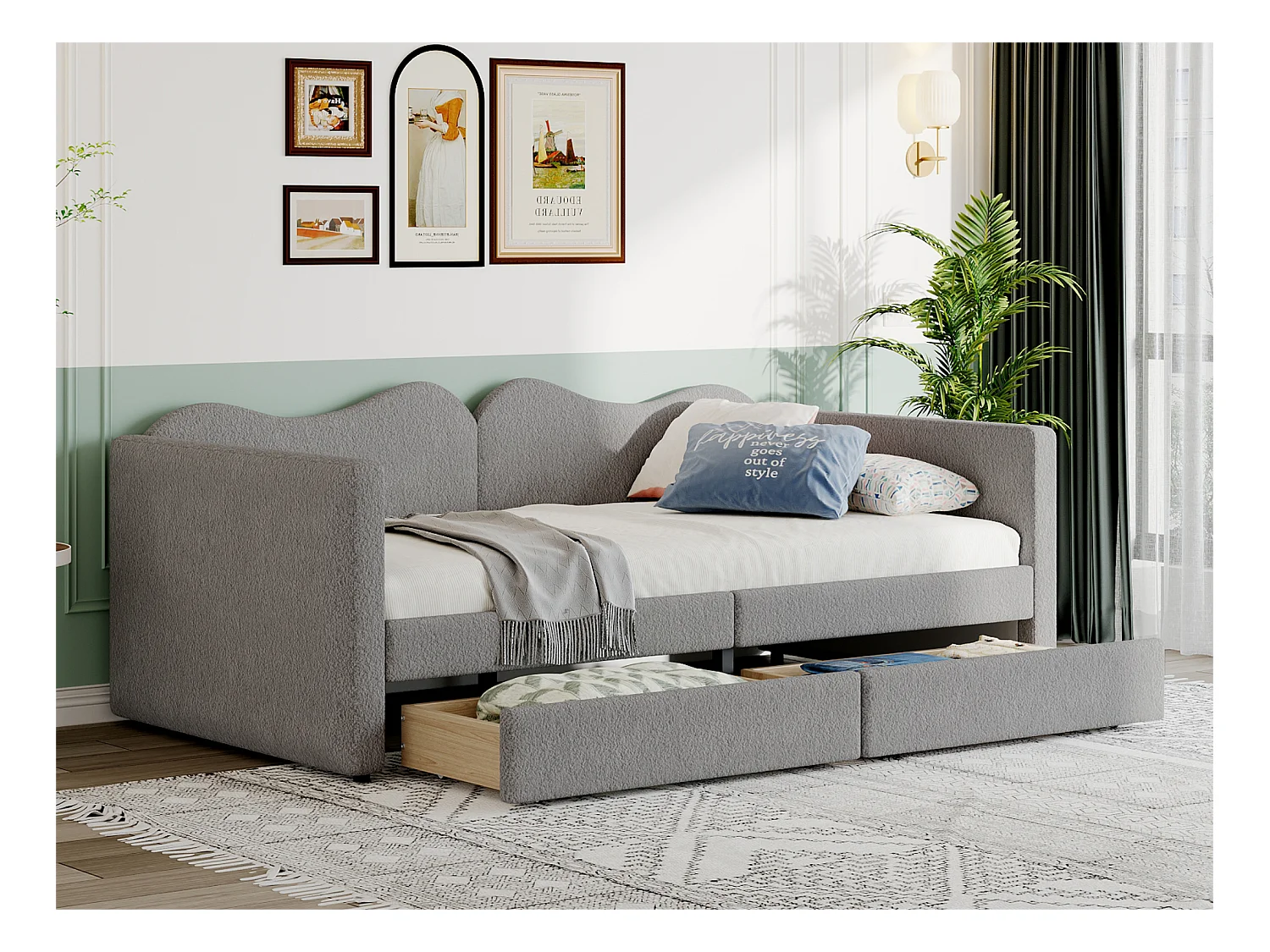 Lit banquette 90x200cm avec 2 tiroirs - en velours tiddy - Gris
